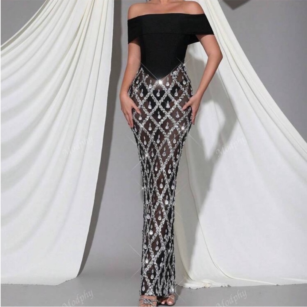 Elegant Black and Silver Off-Shoulder Gown